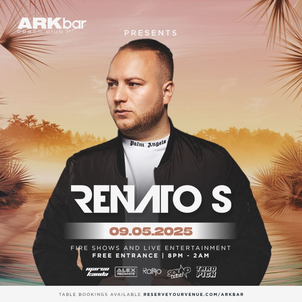 Renato S performing live at ARKbar Beach Club on May 9, 2025, in Koh Samui, Thailand, with a vibrant crowd and beachside fire shows