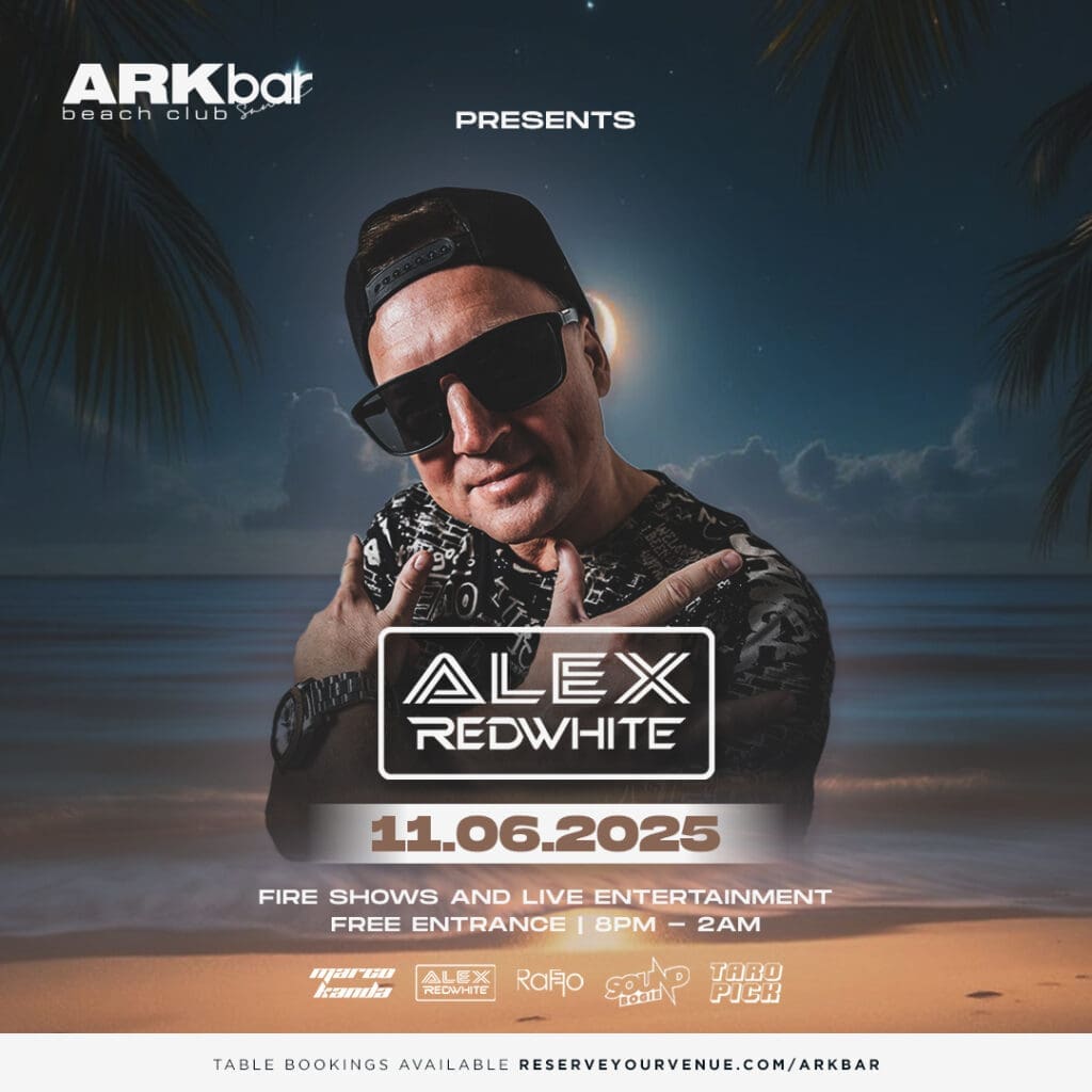 Alex Redwhite performing live at ARKbar Beach Club during Beach Festival on 11 June 2025 in Koh Samui, with fire shows and a packed beachfront crowd