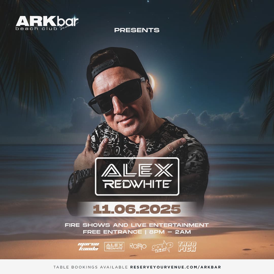 Alex Redwhite performing live at ARKbar Beach Club during Beach Festival on 11 June 2025 in Koh Samui, with fire shows and a packed beachfront crowd