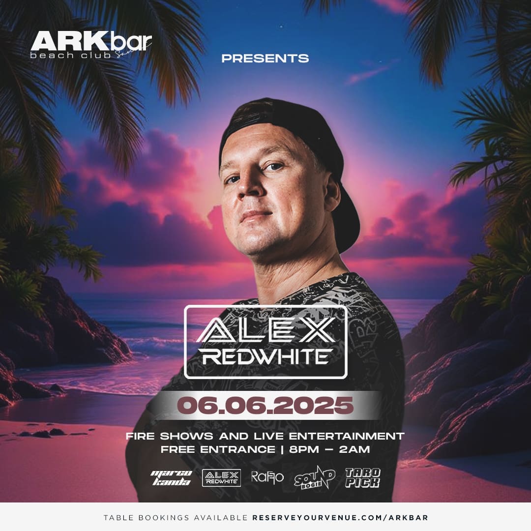 Alex Redwhite performing live at ARKbar Beach Club during Beach Festival on 6 June 2025 in Koh Samui, Thailand, with fire shows and a vibrant party crowd