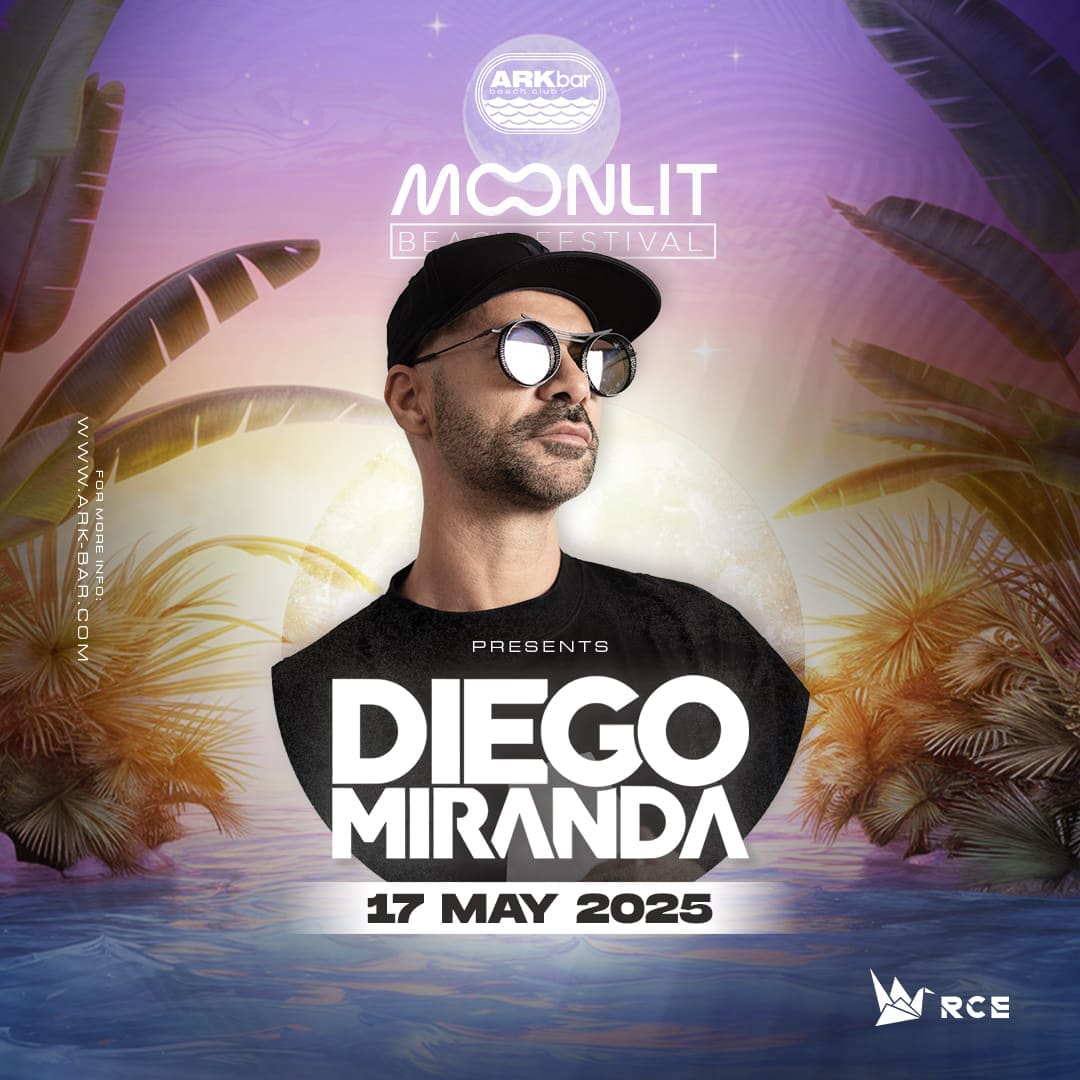 Diego Miranda performing live at ARKbar Beach Club during Moonlit Beach Festival 2025 in Koh Samui, Thailand, with vibrant crowd and fire shows.