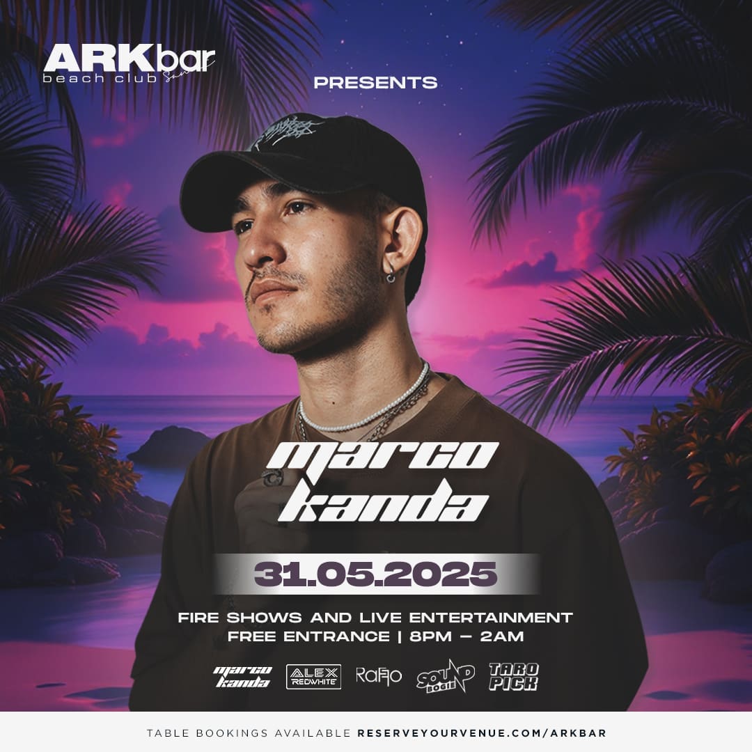 Marco Kanda performing live at ARKbar Beach Club during Beach Festival 2025 in Koh Samui, Thailand, with fire shows and a vibrant beach party crowd