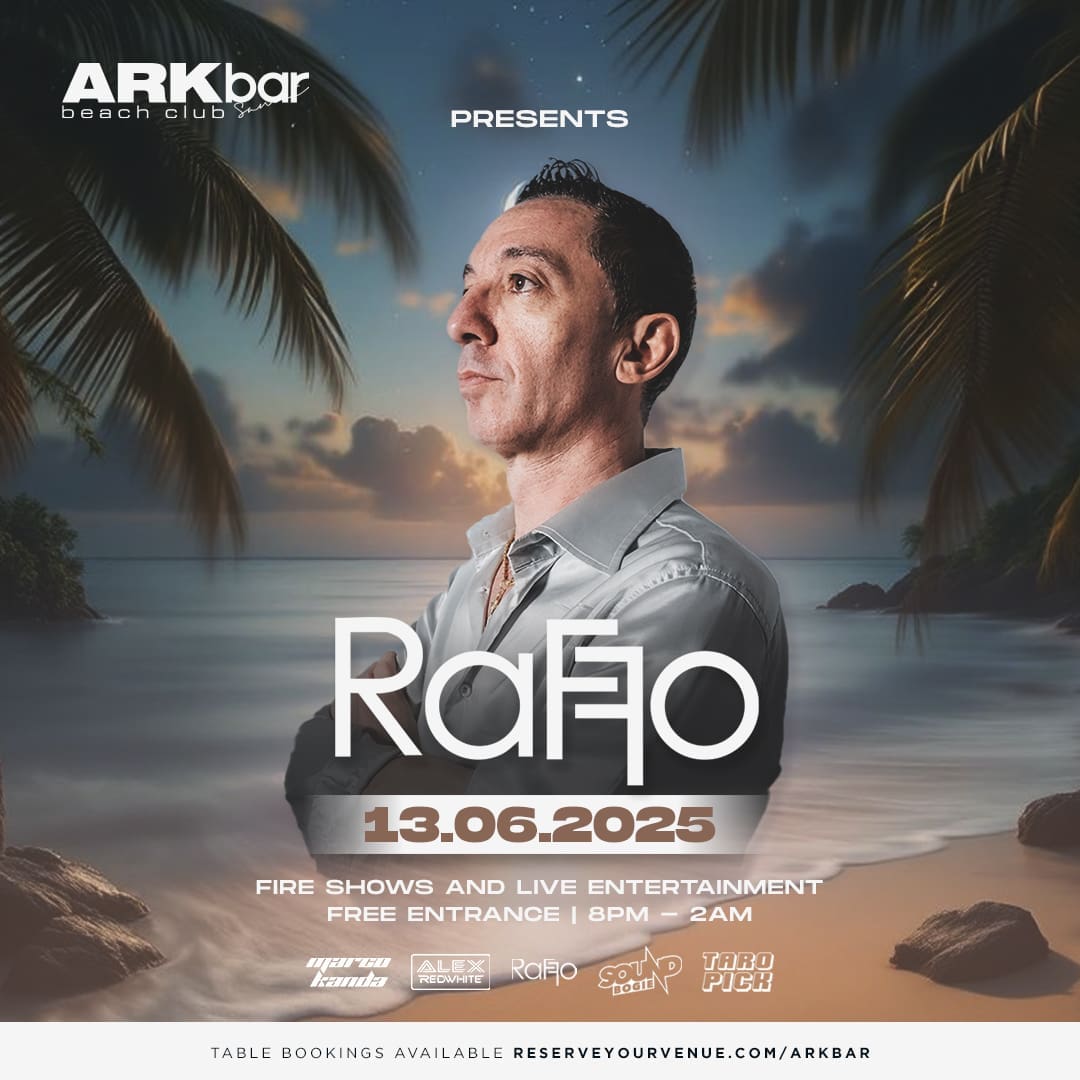 Raffo performing live at ARKbar Beach Club on 13 June 2025 in Koh Samui, with fire shows, live entertainment, and a beach party crowd