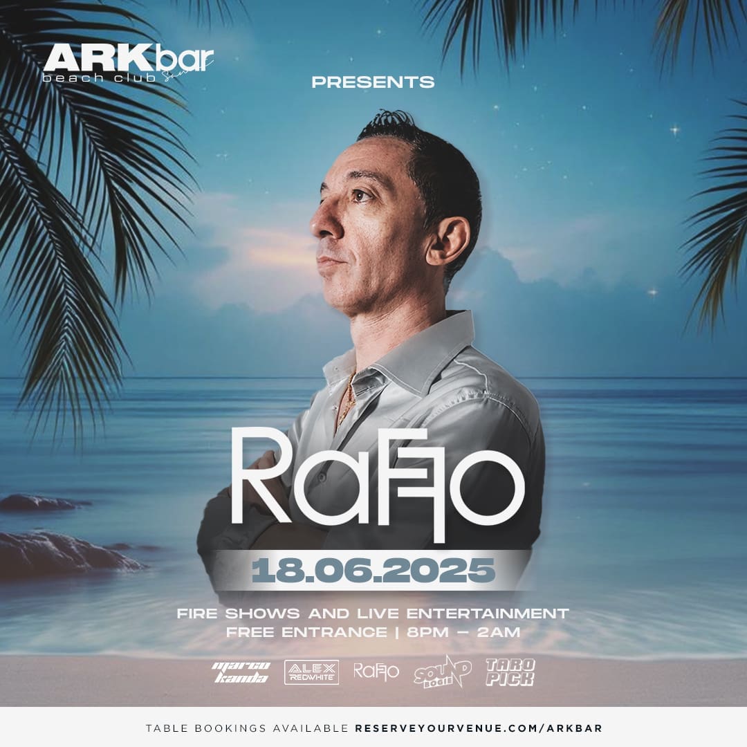 DJ Raffo performing live at ARKbar Beach Club on 18 June 2025 with fire shows and beachfront crowd in Koh Samui