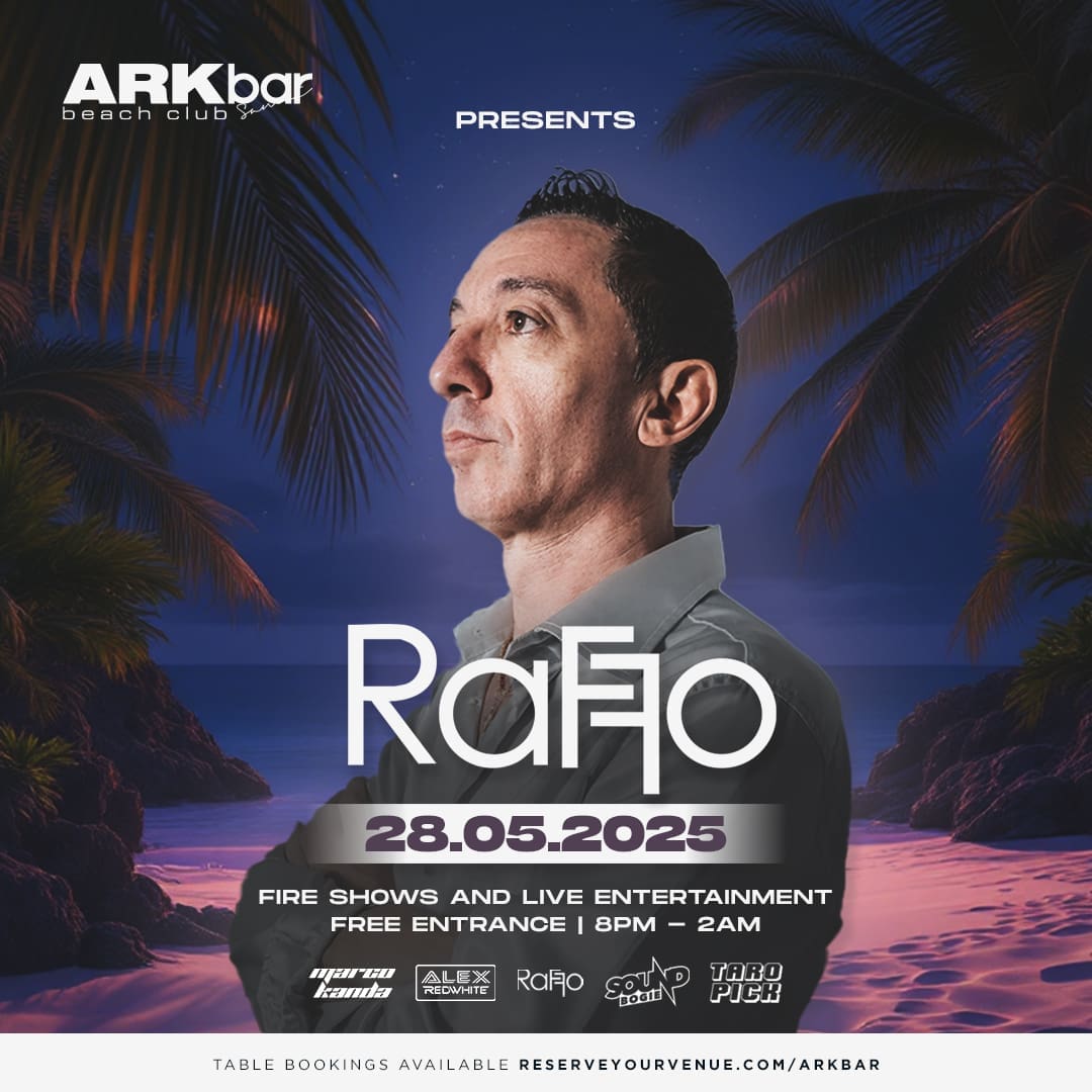 Raffo performing live at ARKbar Beach Club during Beach Festival 2025 in Koh Samui, Thailand, with fire shows and a vibrant beach party crowd