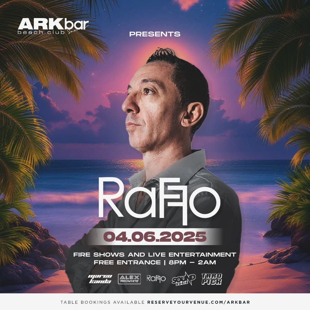 Raffo performing live at ARKbar Beach Club during Beach Festival on 4 June 2025 in Koh Samui, Thailand, with fire shows and a vibrant crowd