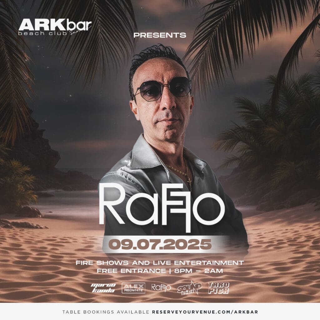 Raffo performing at ARKbar Beach Club on 9 July 2025 during a nighttime beach festival on Chaweng Beach with palm trees and fire shows.