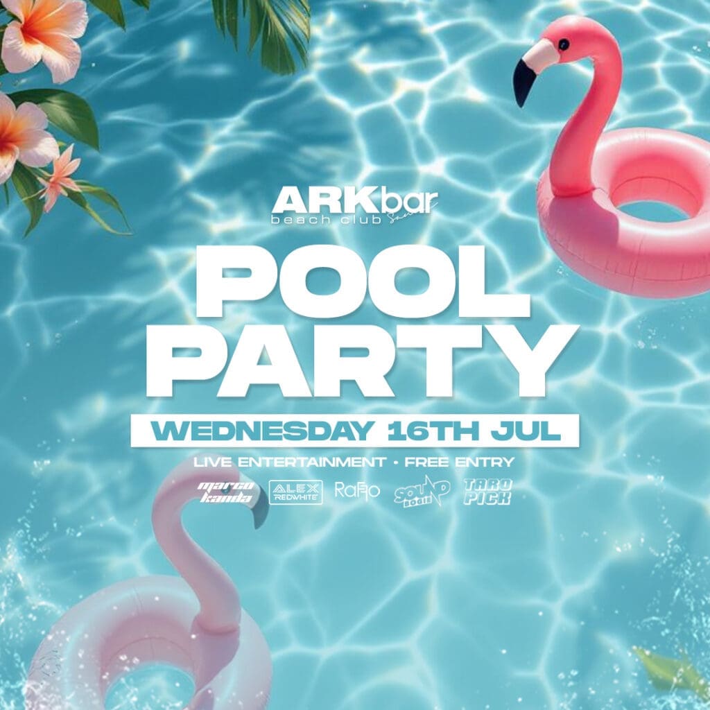 ARKbar Pool Party with flamingo lilos, tropical flowers, and pool water on 16 July 2025