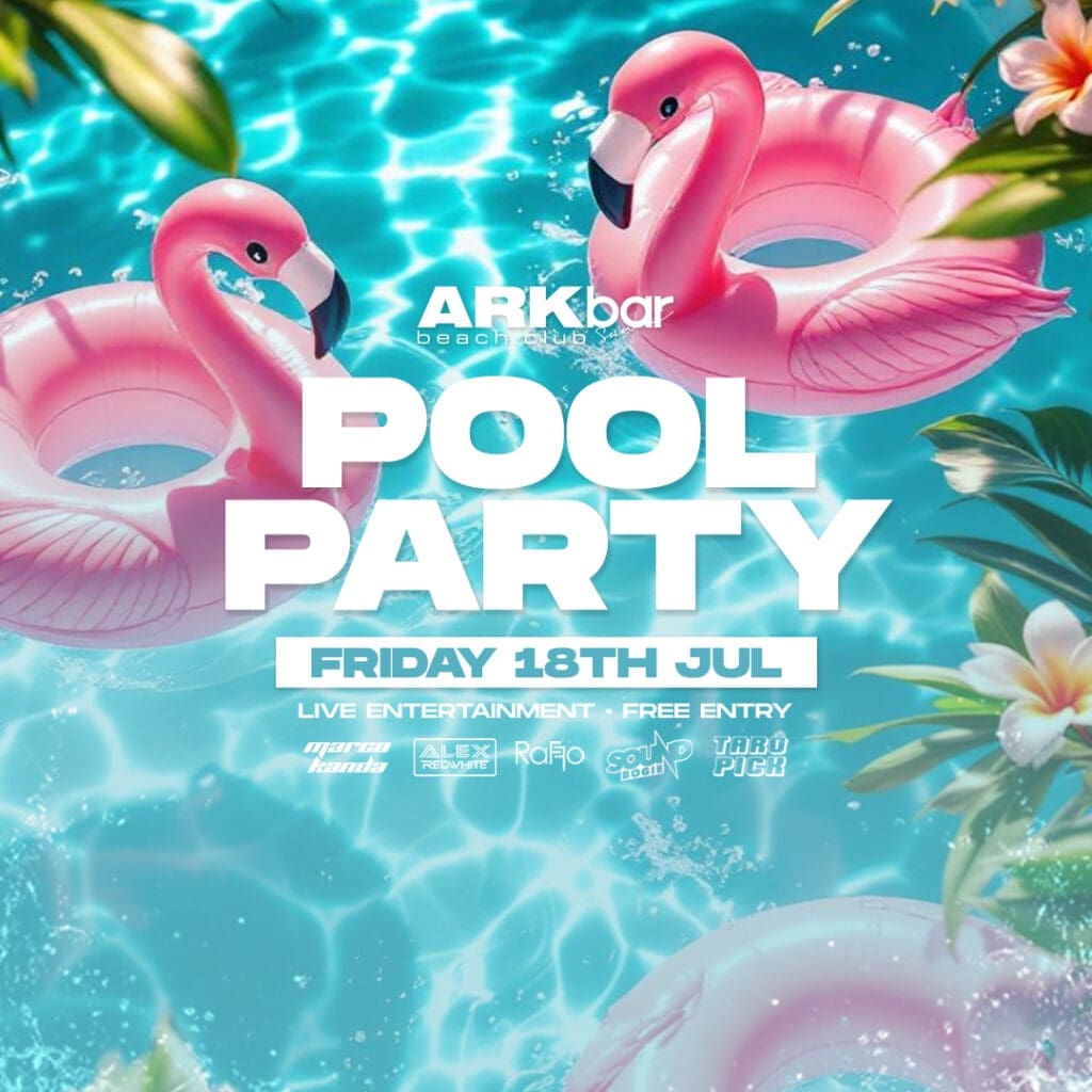 ARKbar Pool Party with pink flamingo floats, tropical flowers, and pool reflections – 18 July 2025