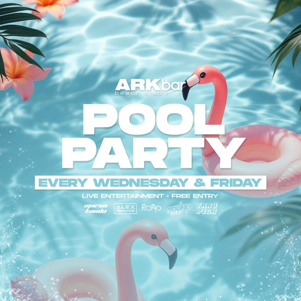 Flamingo lilo pool party scene at ARKbar Beach Club with tropical flowers and clear blue water