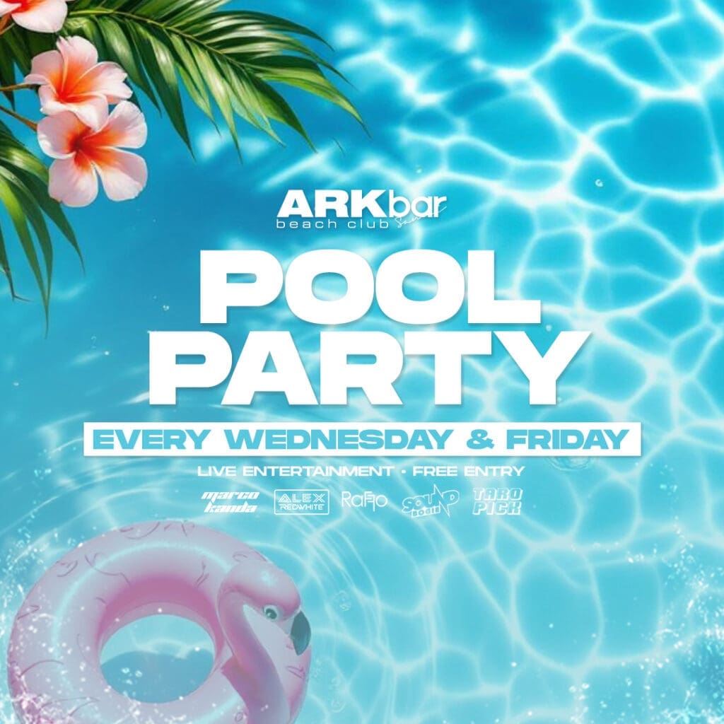 Flamingo lilo pool party scene at ARKbar Beach Club with tropical flowers and clear blue water