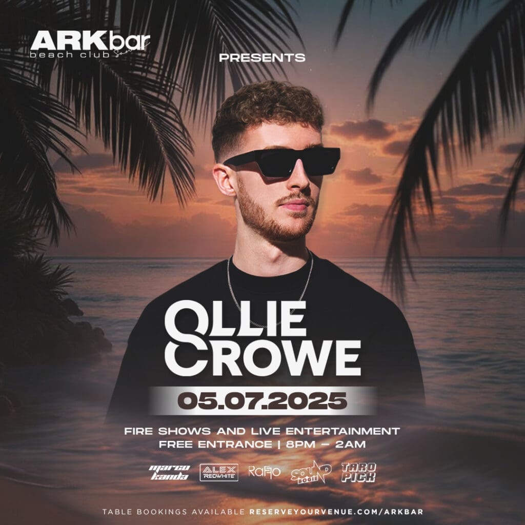 UK DJ Ollie Crowe performing at ARKbar Beach Club on 5 July 2025 during a beachfront party in Koh Samui