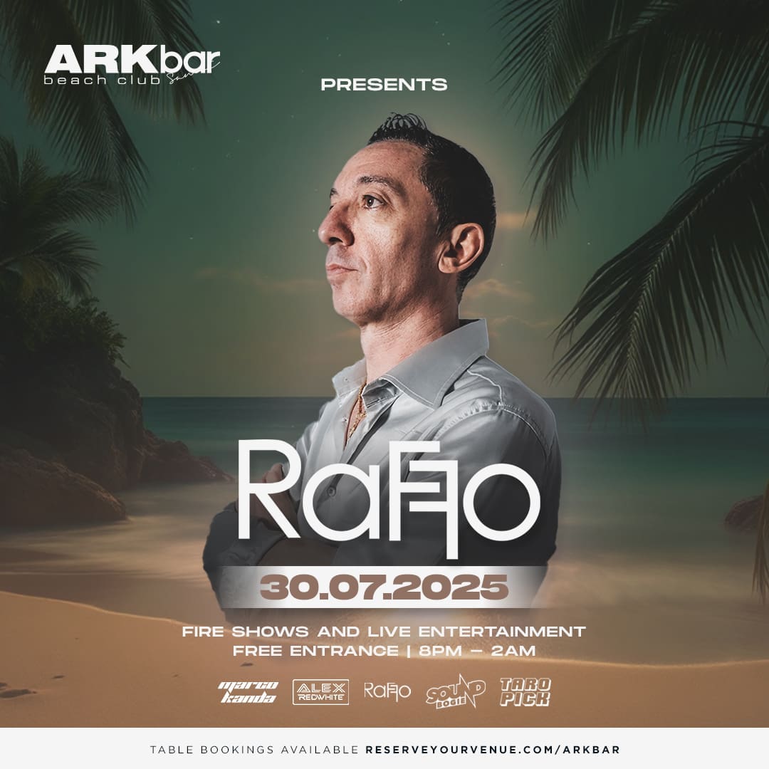 Raffo at ARKbar Beach Club under moonlight with palm silhouettes – 30 July 2025