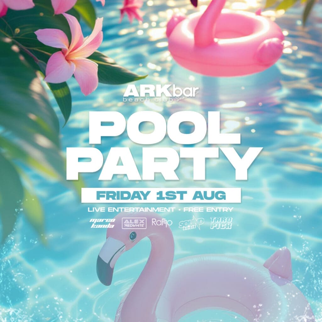 ARKbar Pool Party with pink flamingo floats, tropical flowers, and clear water – 1 August 2025