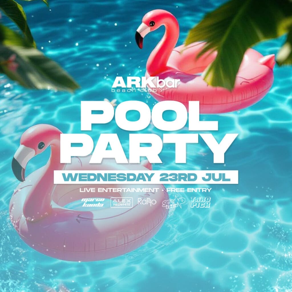 ARKbar Pool Party with pink flamingo pool floats, tropical plants, and clear water – 23 July 2025