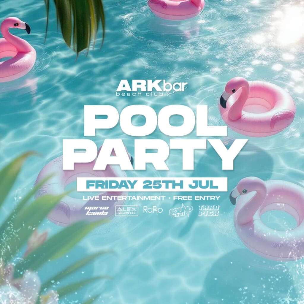 ARKbar Pool Party with multiple pink flamingo floats and tropical pool reflections – 25 July 2025