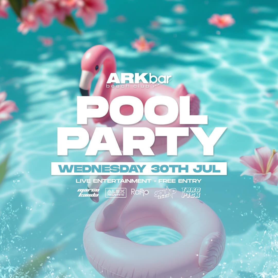 ARKbar Pool Party with pink flamingo floats, clear blue water, and tropical flowers – 30 July 2025