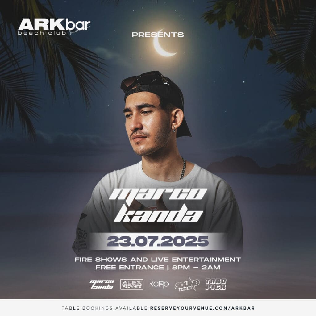 DJ Marco Kanda at ARKbar Beach Club with tropical night sky and crescent moon – 23 July 2025