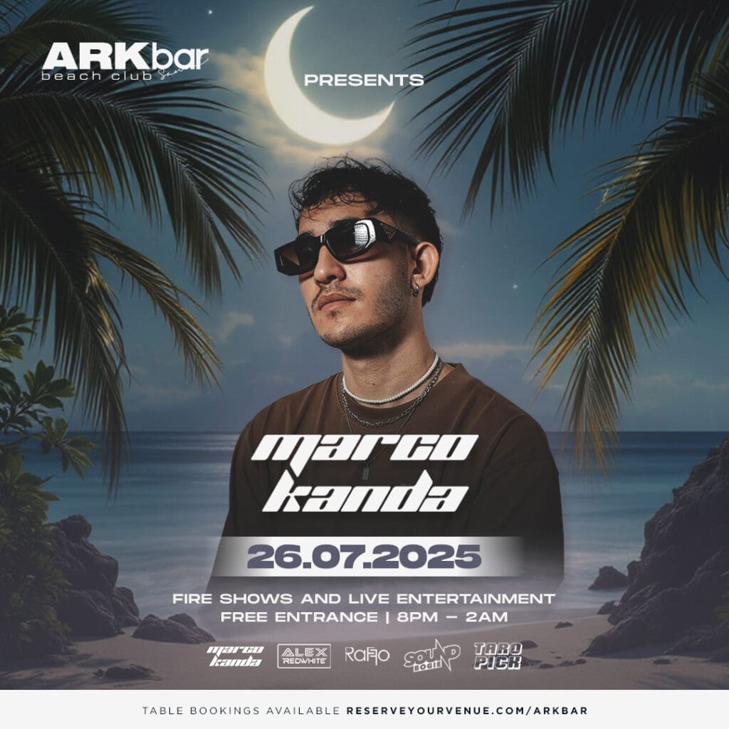 Marco Kanda at ARKbar Beach Club with moonlight beach backdrop – 26 July 2025