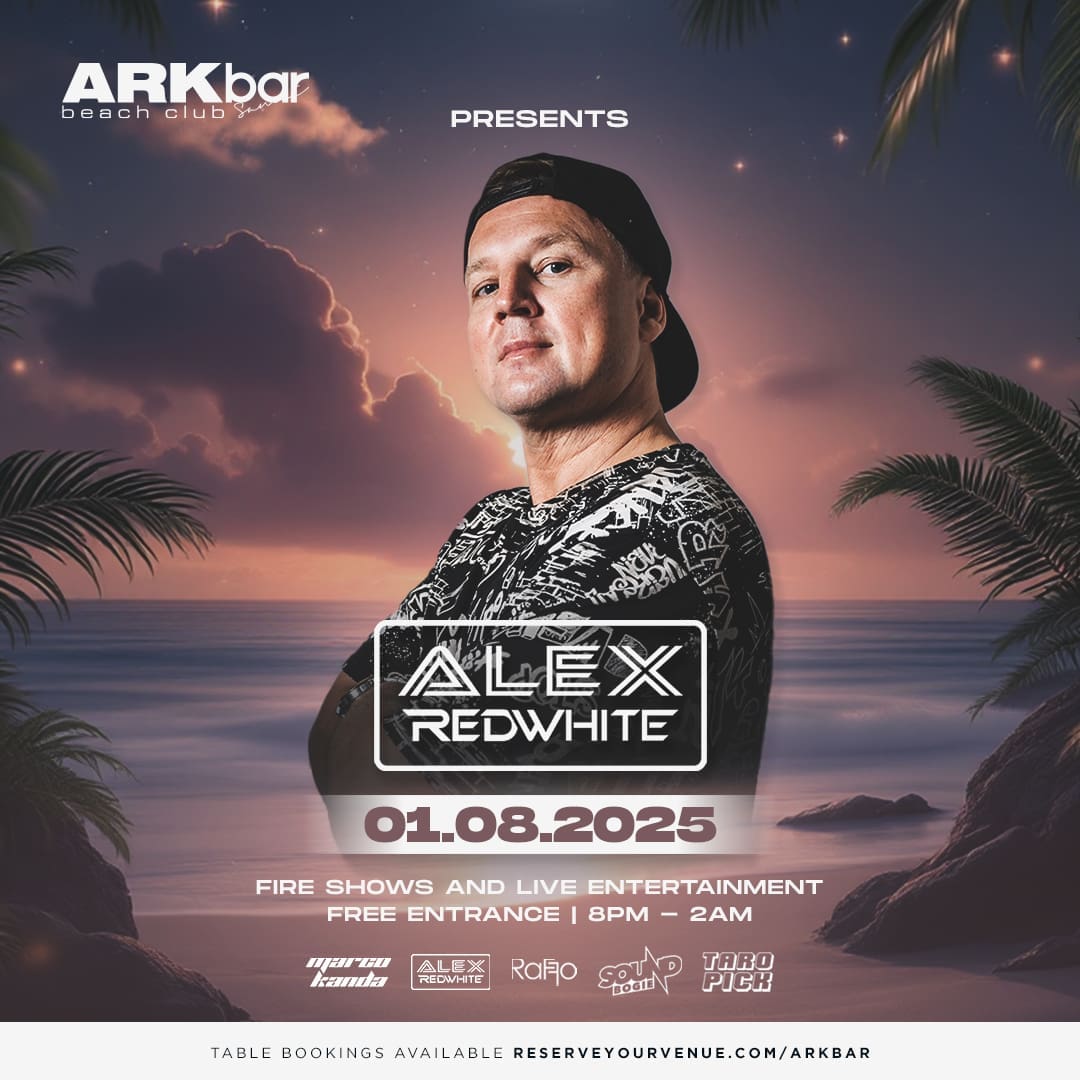 Alex Redwhite at ARKbar Beach Club with tropical sunset backdrop – 1 August 2025