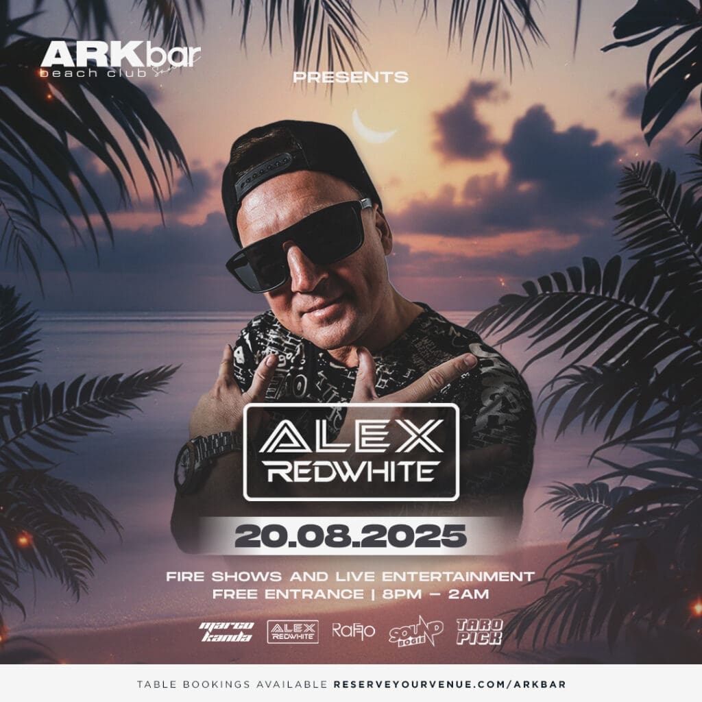 Alex Redwhite at ARKbar Beach Club on 20 August 2025 in Koh Samui, performing at night with palm silhouettes and fire shows in view.