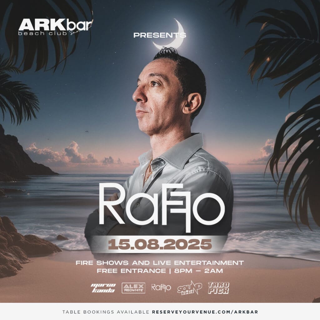 DJ Raffo performing at ARKbar Beach Club Koh Samui – 15 August 2025, beachfront party with fire shows