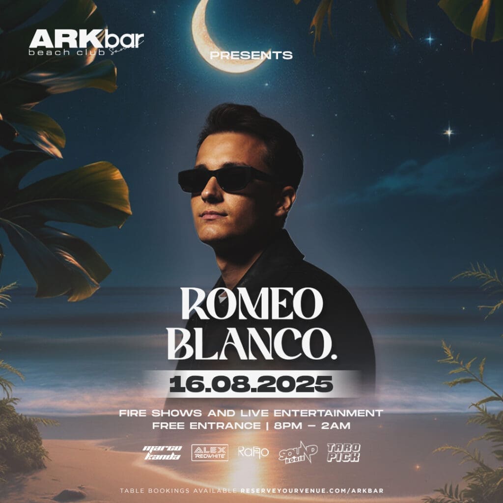 DJ Romeo Blanco performing at ARKbar Beach Club Koh Samui – 16 August 2025, beachfront party with fire shows
