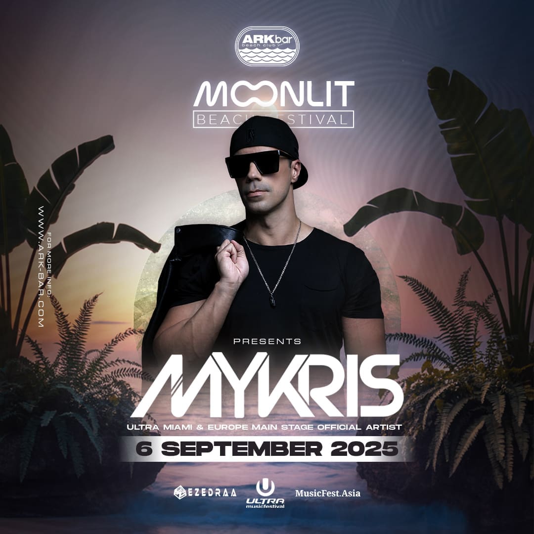 MYKRIS performing at ARKbar’s Moonlit Beach Festival on Saturday, 6 September 2025 with fire shows and beachfront party