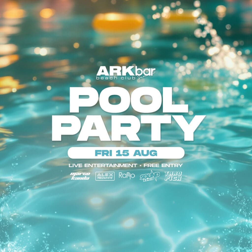 ARKbar Beach Club Pool Party with floating rings and tropical flowers – 15 August 2025