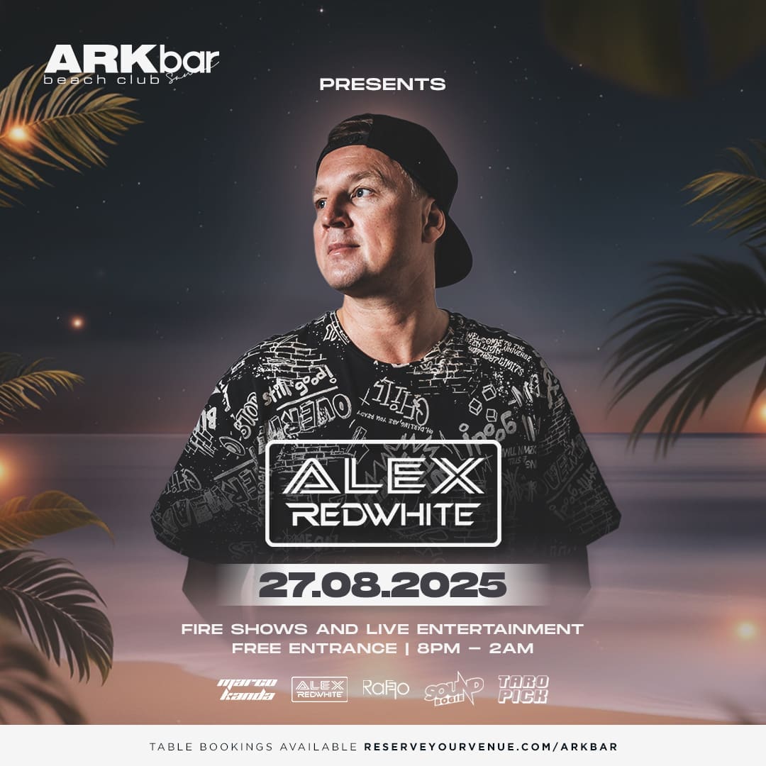 Alex Redwhite performing live at ARKbar Beach Club on Wednesday, 27 August 2025 with fire shows and beach party crowd in Koh Samui