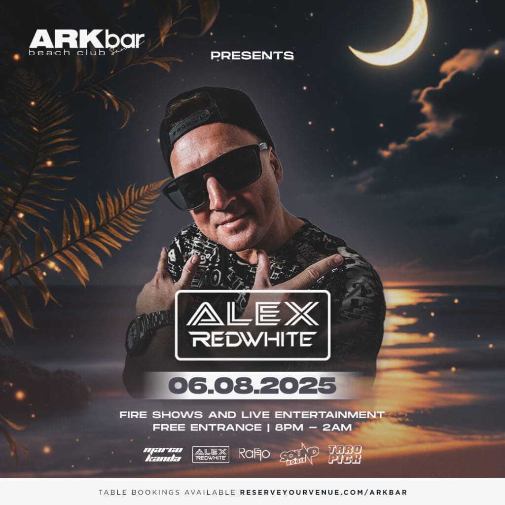 Alex Redwhite at ARKbar Beach Club with moonlit backdrop – 6 August 2025