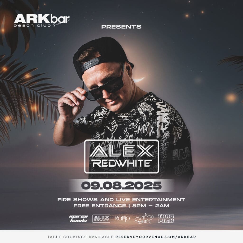 Alex Redwhite performing at ARKbar Beach Club with tropical moonlight – 9 August 2025