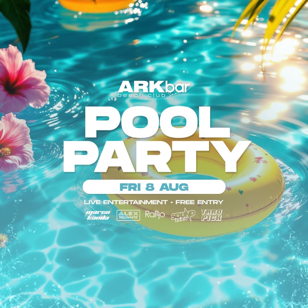 ARKbar Pool Party on 8 August 2025 with tropical floaties and hibiscus blooms