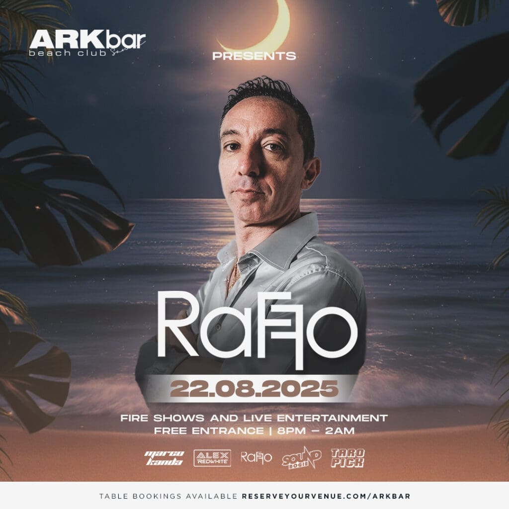 Raffo performing live at ARKbar Beach Club on Friday, 22 August 2025, in Koh Samui, Thailand with fire shows and a tropical party crowd.