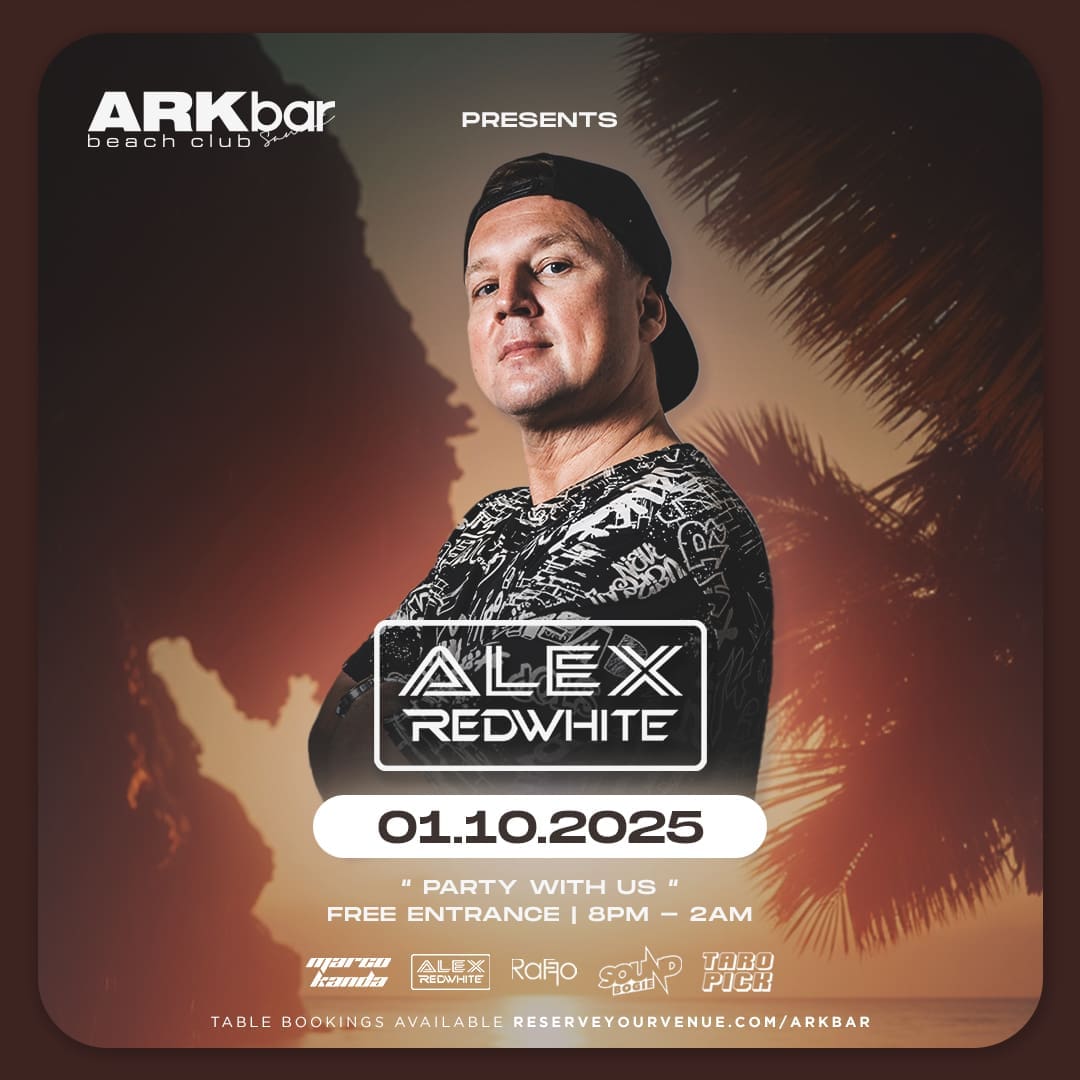 Alex Redwhite performing at ARKbar Beach Club on Wednesday, 1 October 2025 with fire shows and Chaweng beach party vibes