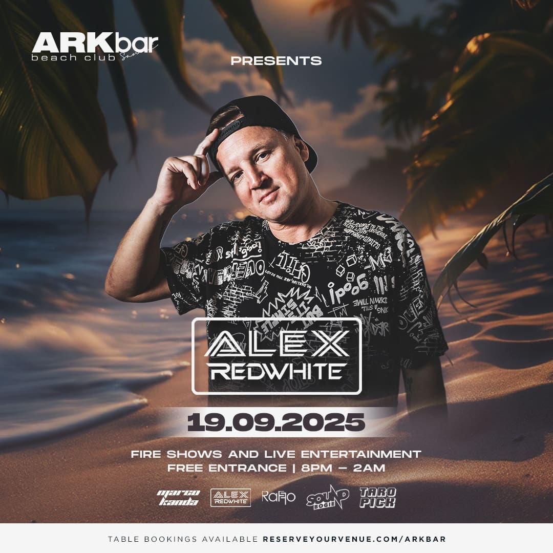 Alex Redwhite performing at ARKbar Beach Club with palm trees and fire shows on Friday, 19 September 2025
