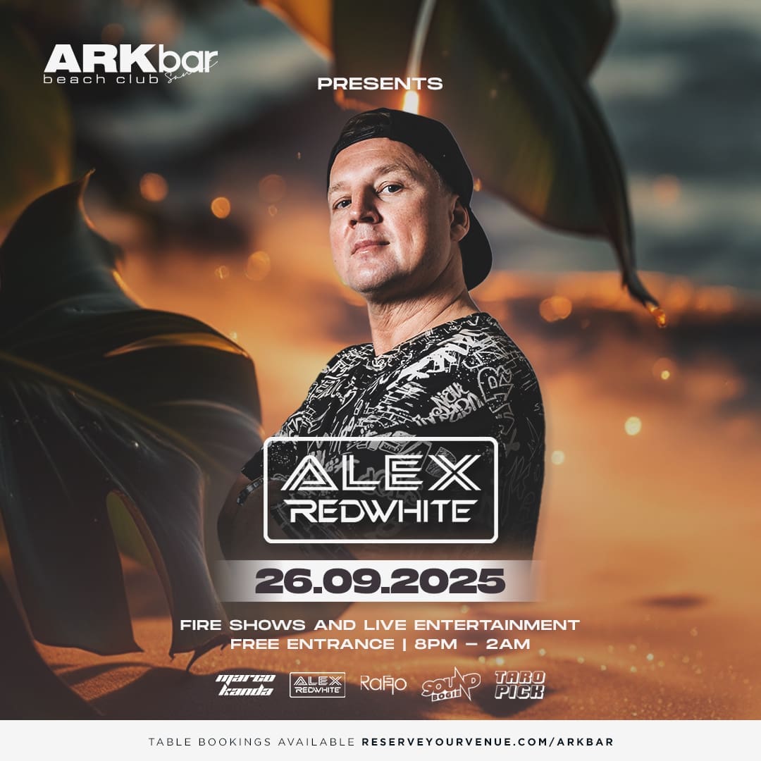 Alex Redwhite at ARKbar Beach Club with fire shows and beach party for Friday, 26 September 2025