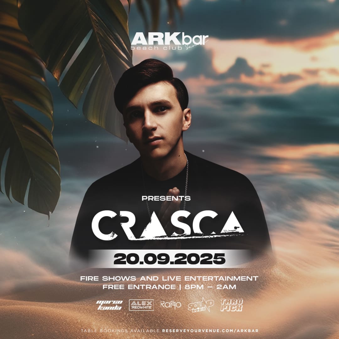 Crasca performing at ARKbar Beach Club with fire shows on Saturday, 20 September 2025