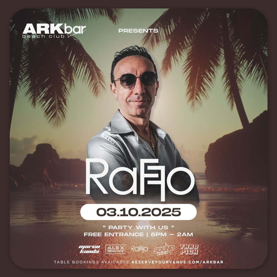 Raffo live at ARKbar Beach Club with fire shows on Friday, 3 October 2025 for beach party event
