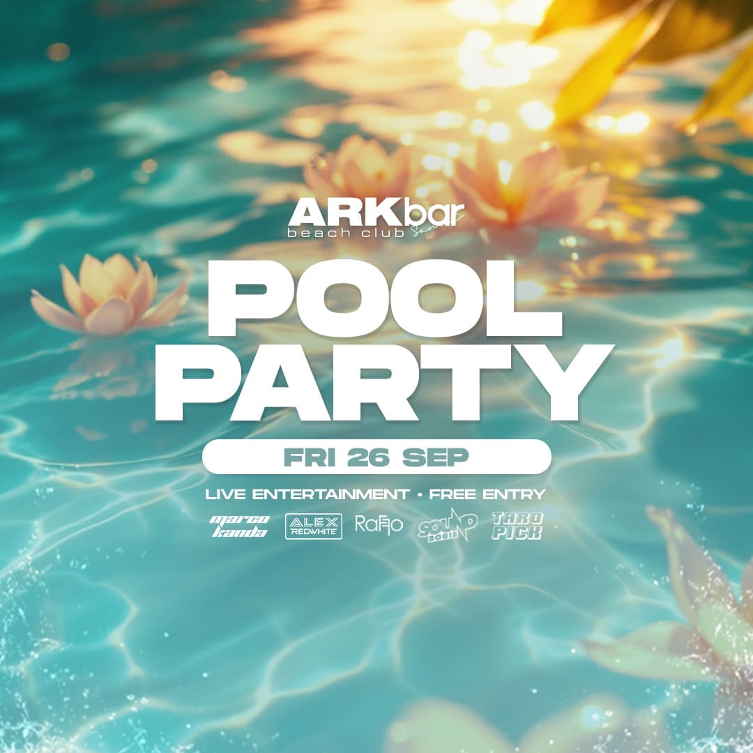 Pool party at ARKbar Beach Club with floating flowers and DJ lineup for Friday, 26 September 2025