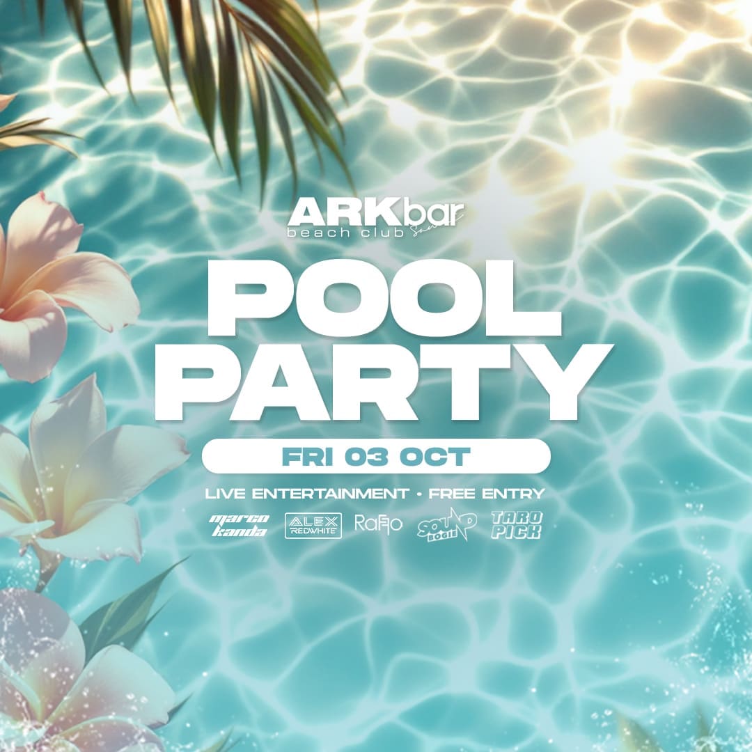 loaties and flowers in the pool for ARKbar Pool Party on Friday, 3 October 2025 with DJ lineup and beachfront vibes