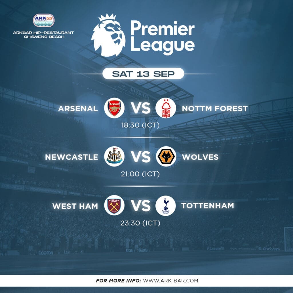 League fixtures live at HIP Restaurant ARKbar – 13 September 2025: Arsenal, Newcastle, West Ham games