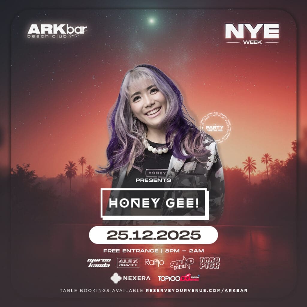 DJ Honey Gee performing live at ARKbar Beach Club Koh Samui on 25 Dec 2025 during NYE Week