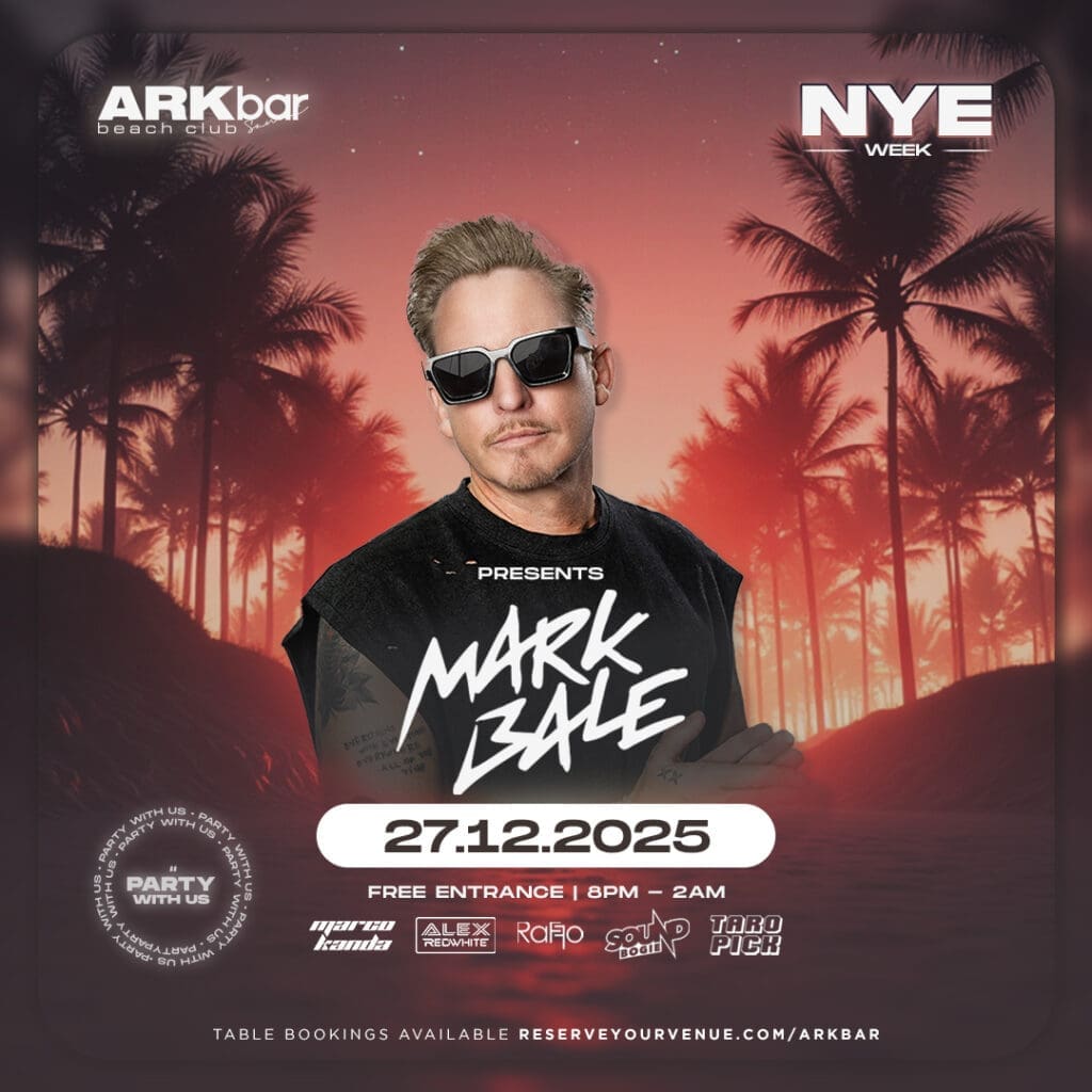 DJ Mark Bale performing live at ARKbar Beach Club Koh Samui on 27 Dec 2025 during NYE Week