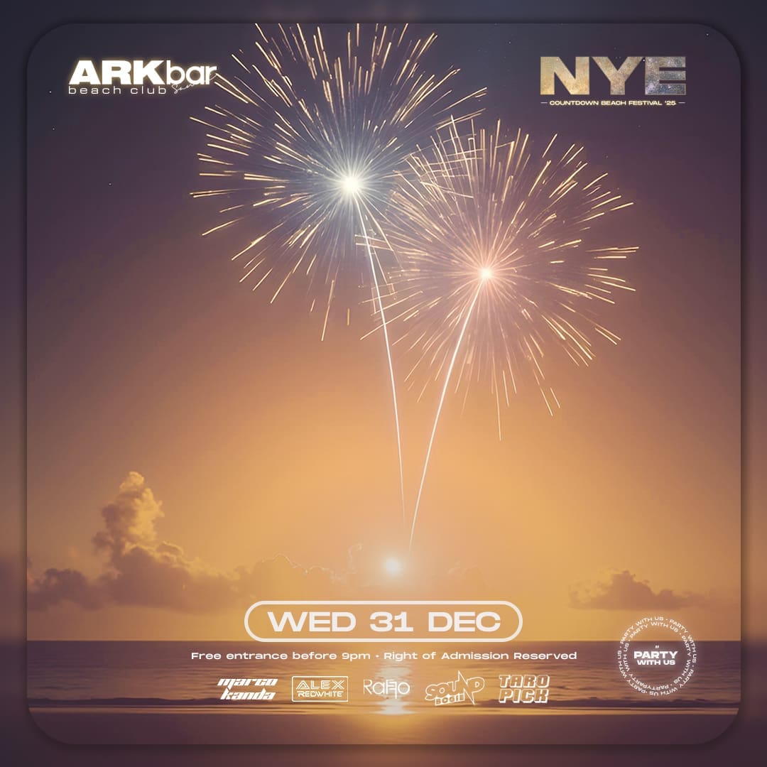 Fireworks over the beach at ARKbar Beach Club Koh Samui for the NYE Countdown Beach Festival on 31 Dec 2025