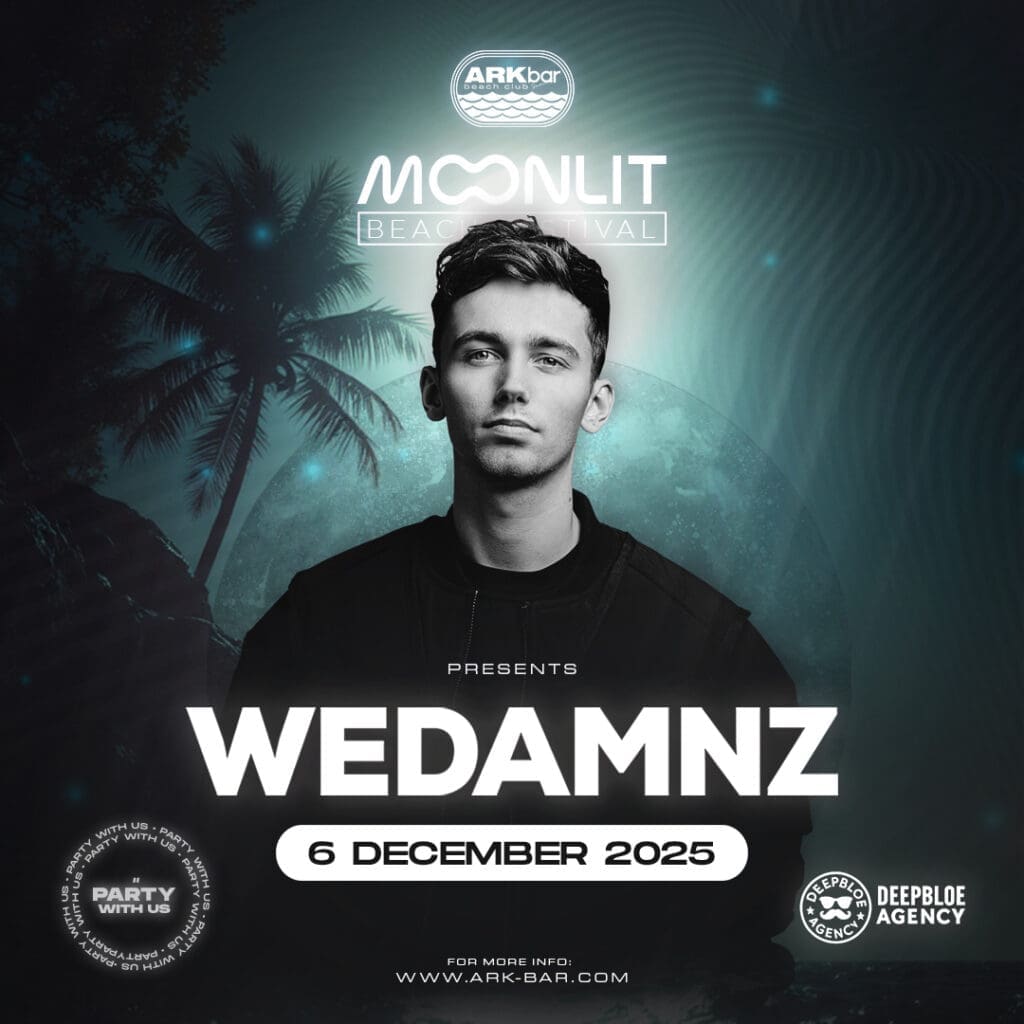 Moonlit Beach Festival poster featuring DJ WeDamnz at ARKbar Beach Club Koh Samui on 6 Dec 2025