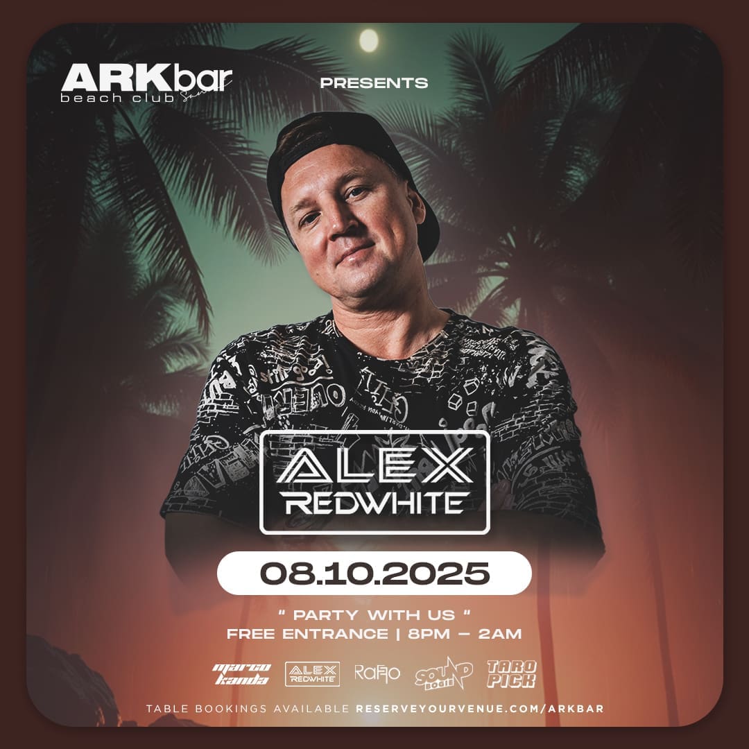 DJ Alex Redwhite live at ARKbar Beach Club on 8 October 2025 with palm tree silhouette and tropical beach setting