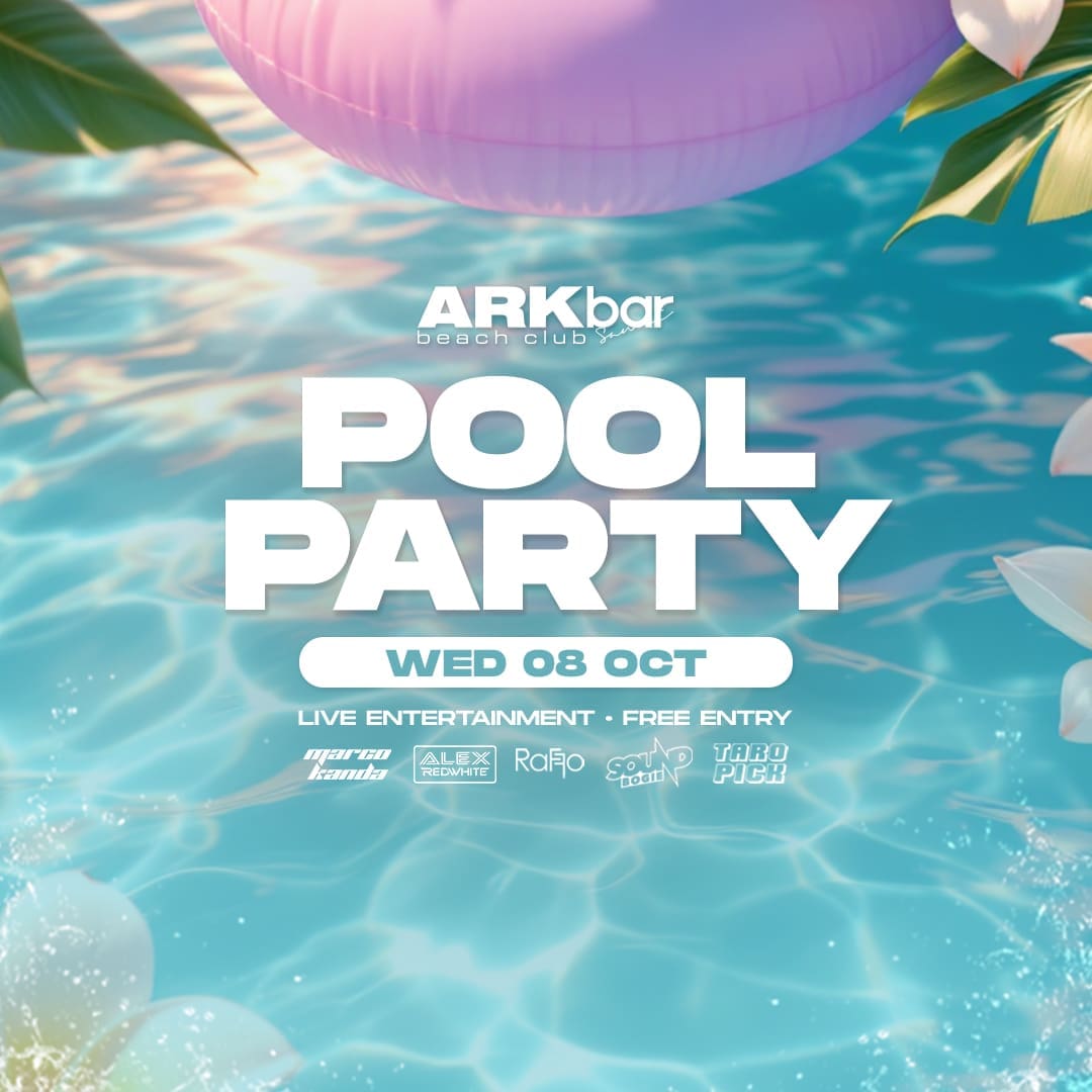 Pool party scene with floaties and tropical flowers at ARKbar Beach Club on 8 October 2025