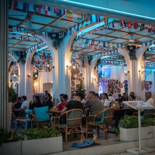 Evening World Cup viewing on the open-air terrace at HIP Restaurant, open 24 hours in Chaweng, Koh Samui