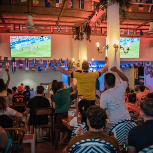 Fans celebrating a goal during a World Cup match at HIP Restaurant, Chaweng Beach, Koh Samui